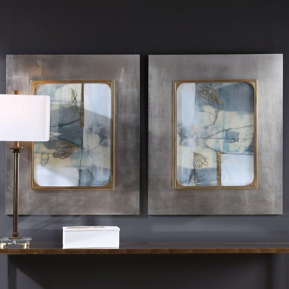 Uttermost Gilded Whimsy Abstract Prints in Blue with Silver and Gold &#40;Set of 2&#41;, , large
