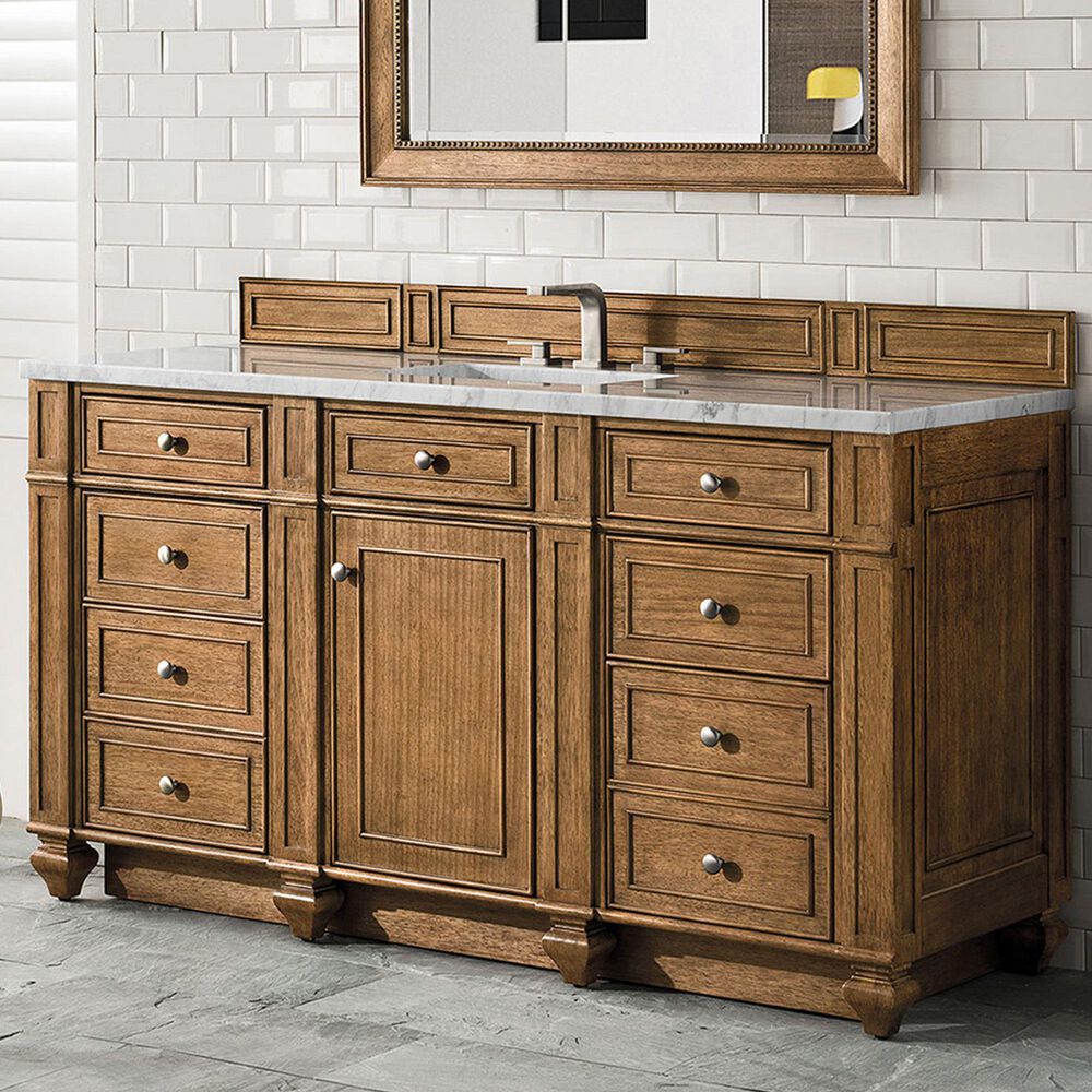 James Martin Vanities Bristol 60&quot; Single Bathroom Vanity in Saddle Brown with 3 cm Carrara White Marble Top and Rectangular Sink, , large