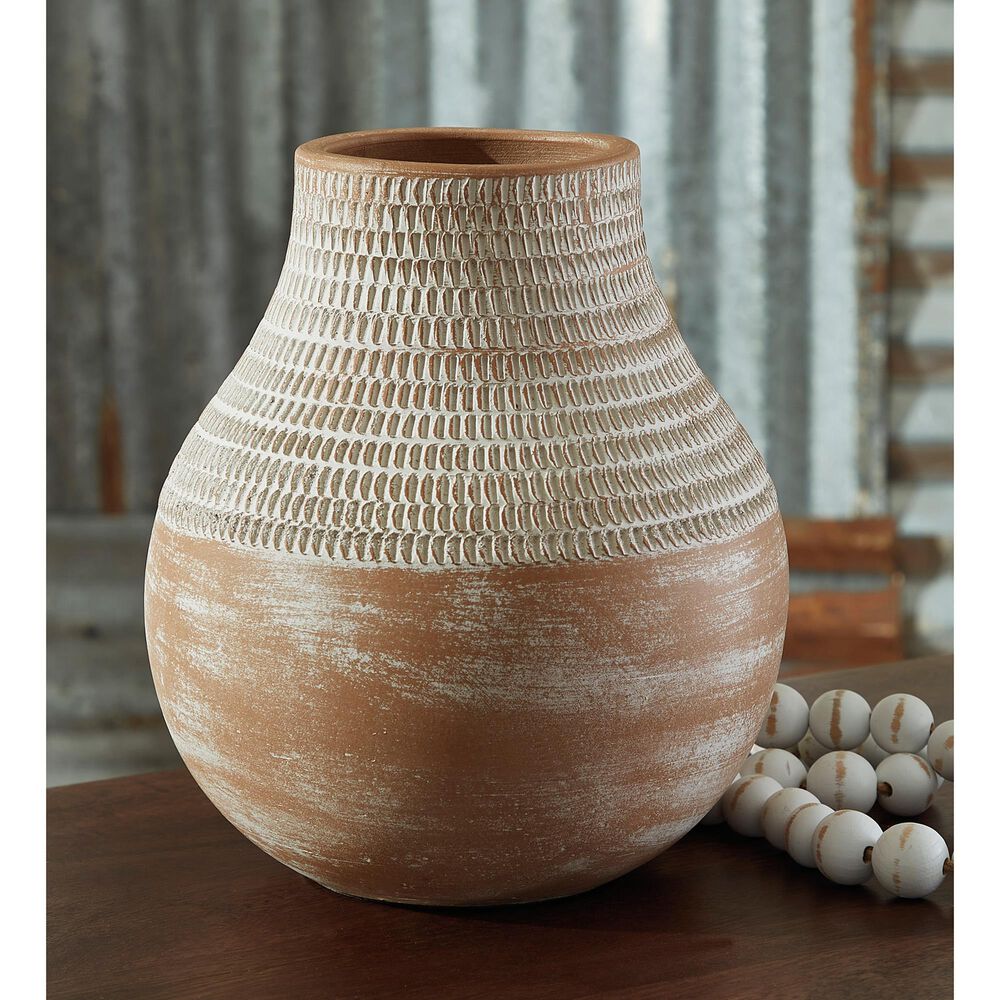 Ashley Reclove 10.5&quot; Vase in Distressed White and Brown, , large