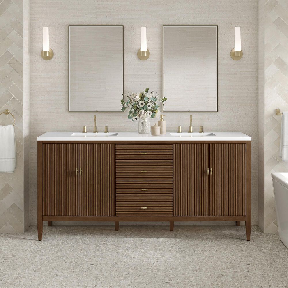 James Martin Vanities Myrrin 72&quot; Double Vanity in Mid-Century Walnut with 3 cm White Zeus Quartz Top, , large