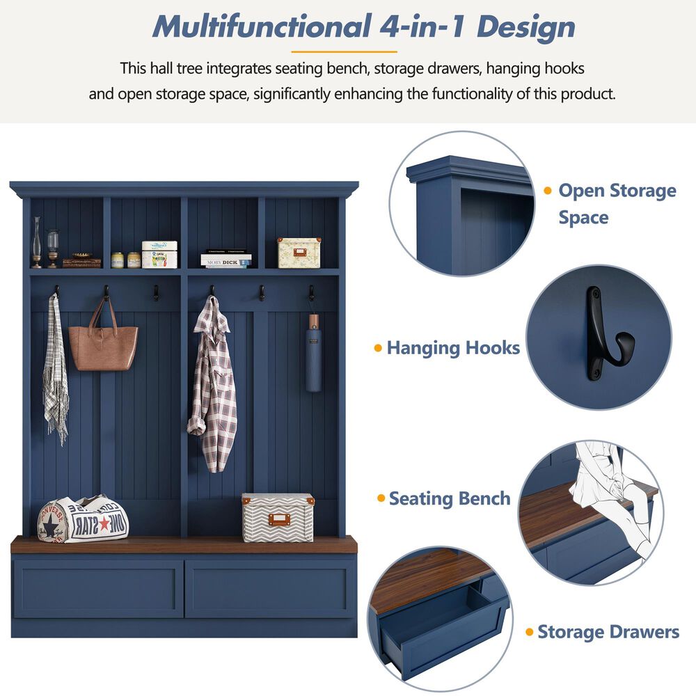 HOMLUX 6-Hook Hall Tree with Wood Grain Bench in Blue, , large