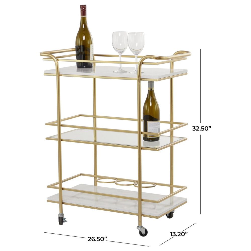 Maple and Jade 3-Shelf Bar Cart with Handle in Satin Gold and White Marble, , large