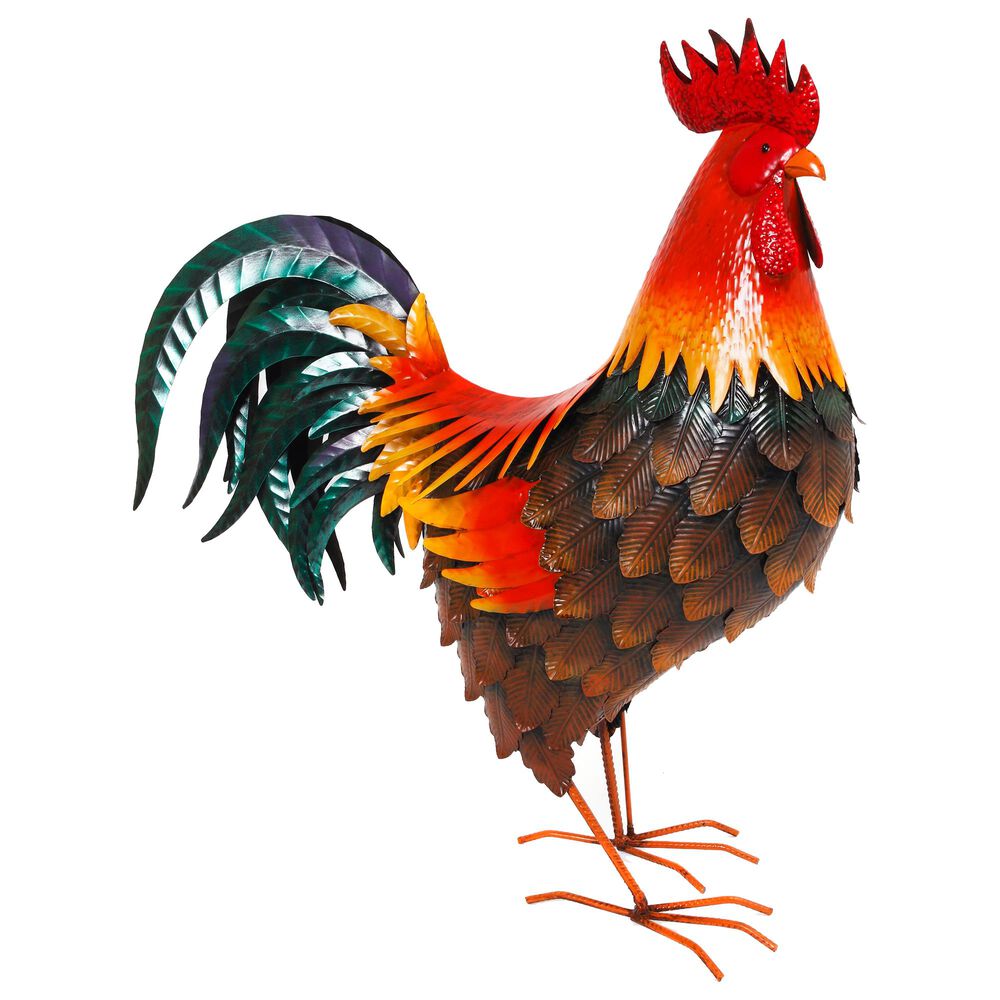 The Gerson Company 33.75" Tall Metal Rooster Statue in Brown, Black, Orange and Red, , large