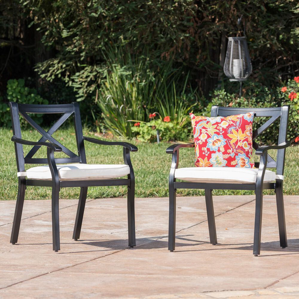 Hearth and Haven Outdoor Aluminum Dining Chair with X-Back Design and Ivory Cushion in Black &#40;Set of 2&#41;, , large
