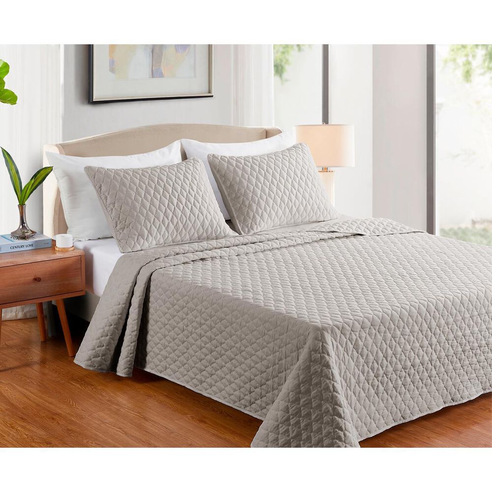 Jiangsu Royal Home Diamond Stitch Quilt 3pc-White-K, , large
