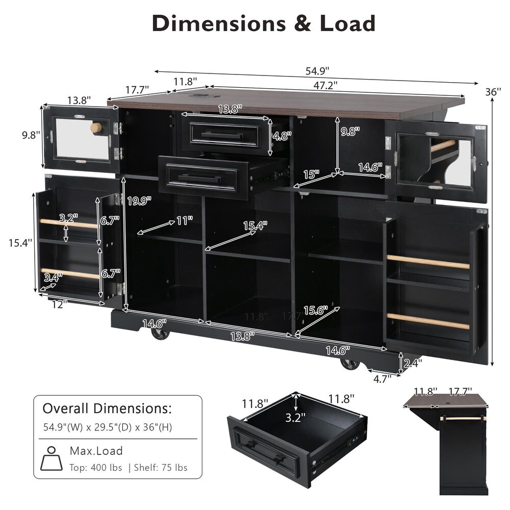 HOMLUX 54.9" Kitchen Island with Drop Leaf in Black and Brown, , large