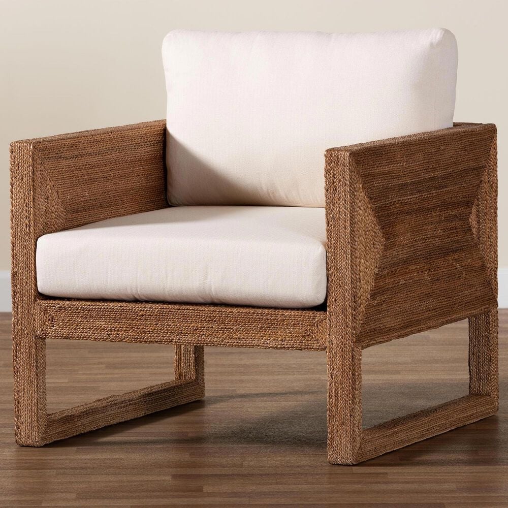 Baxton Studio Helina Arm Chair with Bleached Light Brown Seagrass in White, , large