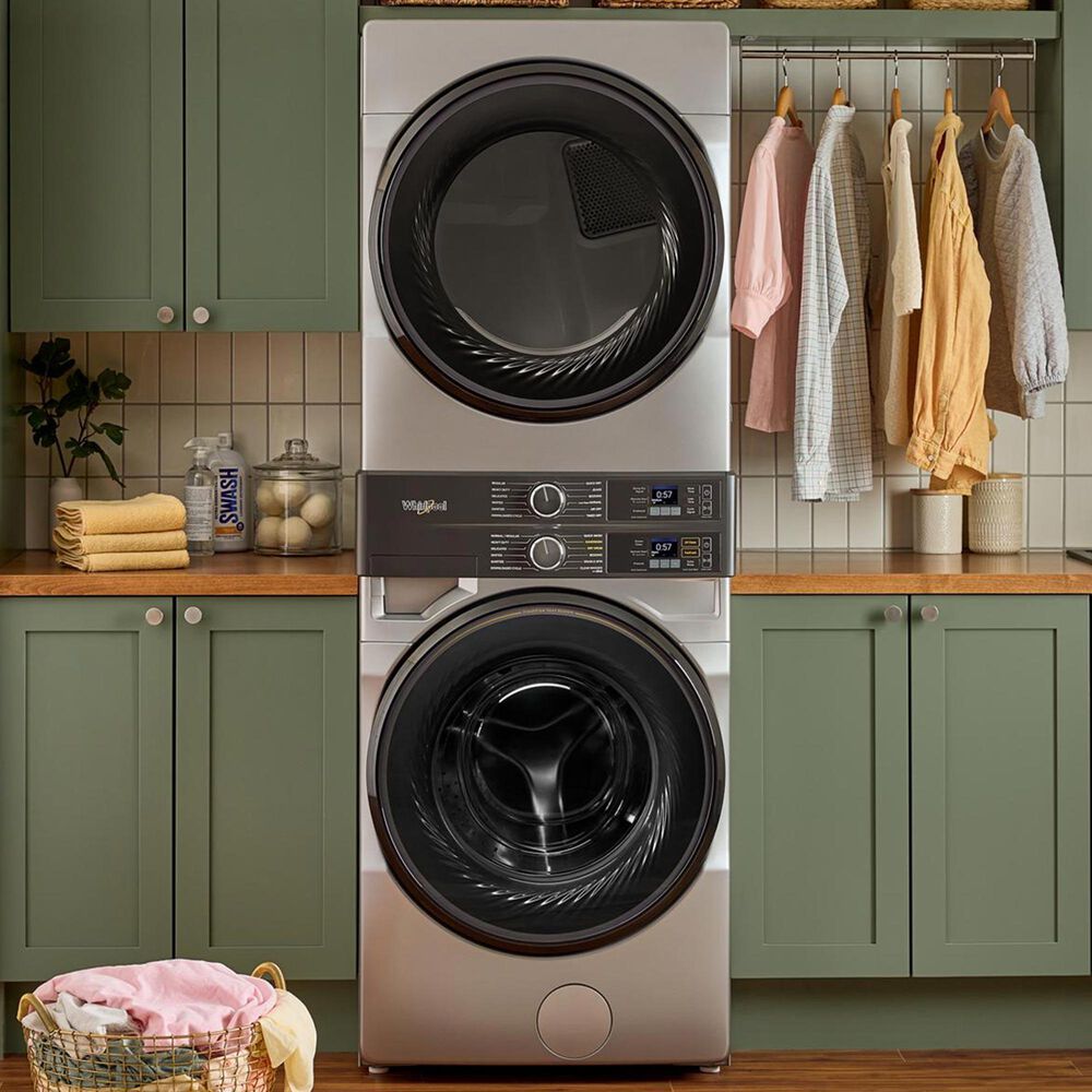 Whirlpool 4.5 Cu. Ft. Smart Front Load Washer and 7.4 Cu. Ft. Gas Dryer Stack Laundry in Radiant Silver, , large