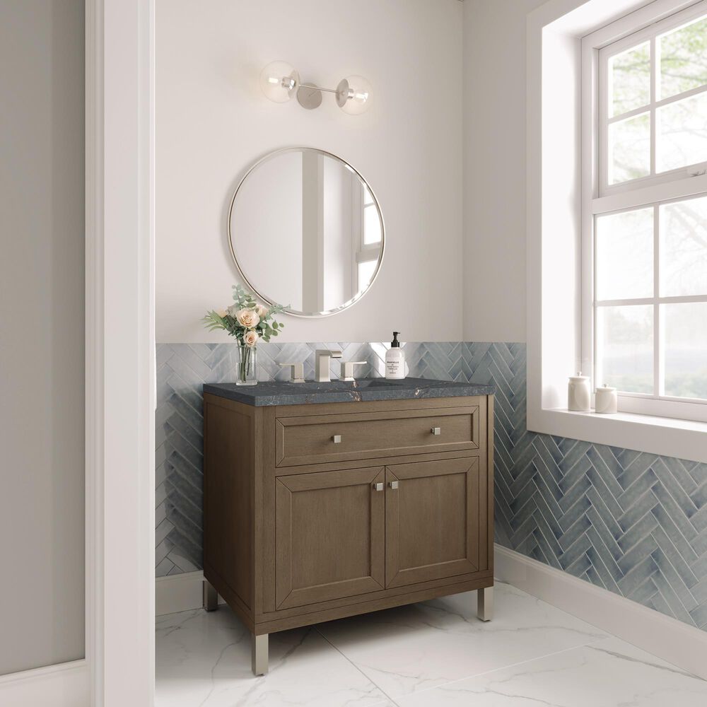 James Martin Vanities Chicago 36&quot; Single Bathroom Vanity in Whitewashed Walnut with 3 cm Parisien Bleu Quartz Top and Rectangular Sink, , large