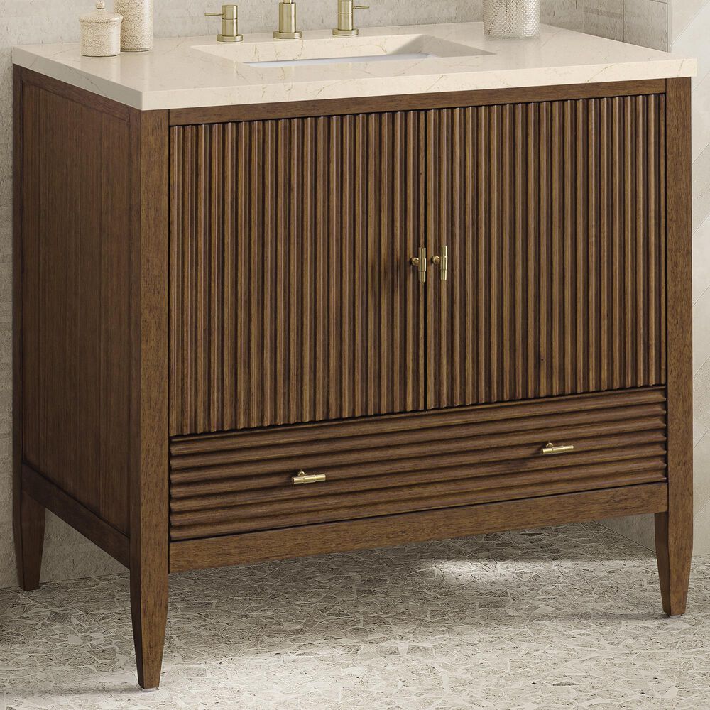 James Martin Vanities Myrrin 36&quot; Vanity in Mid-Century Walnut with 3 cm Eternal Marfil Quartz Top, , large