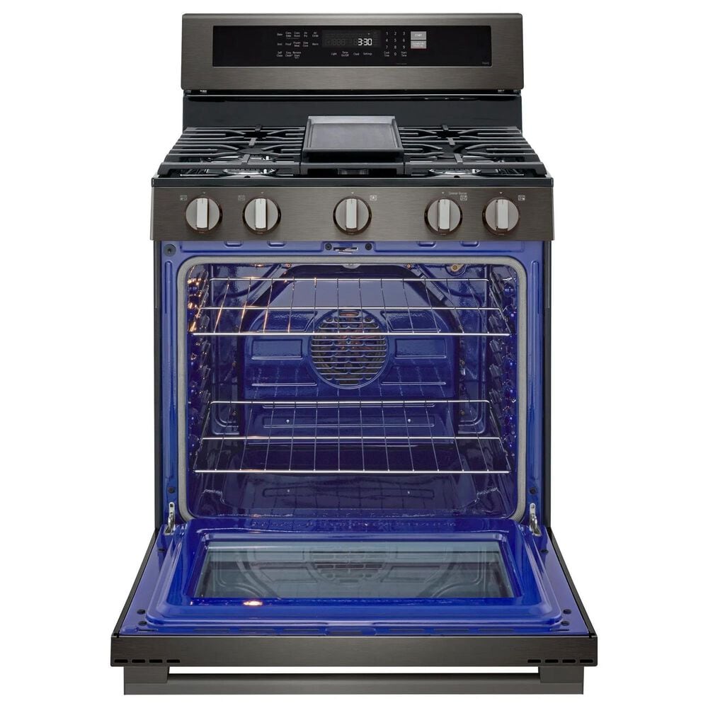 LG 2-Piece Kitchen Package with 6.3 Cu. Ft. Smart Freestanding Gas Range and 2.1 Cu. Ft. Smart Over-the-Range Microwave in Black Stainless Steel, , large