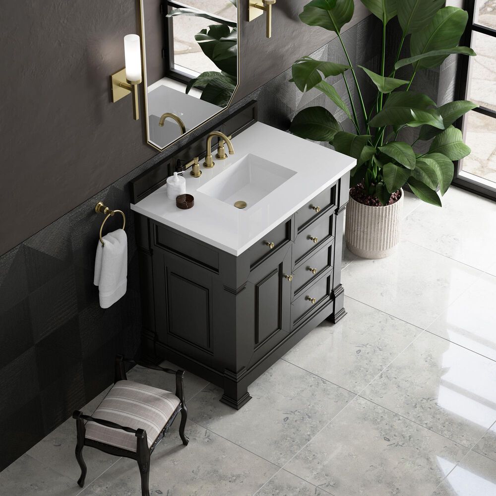 James Martin Vanities Brookfield 36&quot; Single Bathroom Vanity in Black Onyx with 3 cm White Zeus Quartz Top and Rectangular Sink, , large