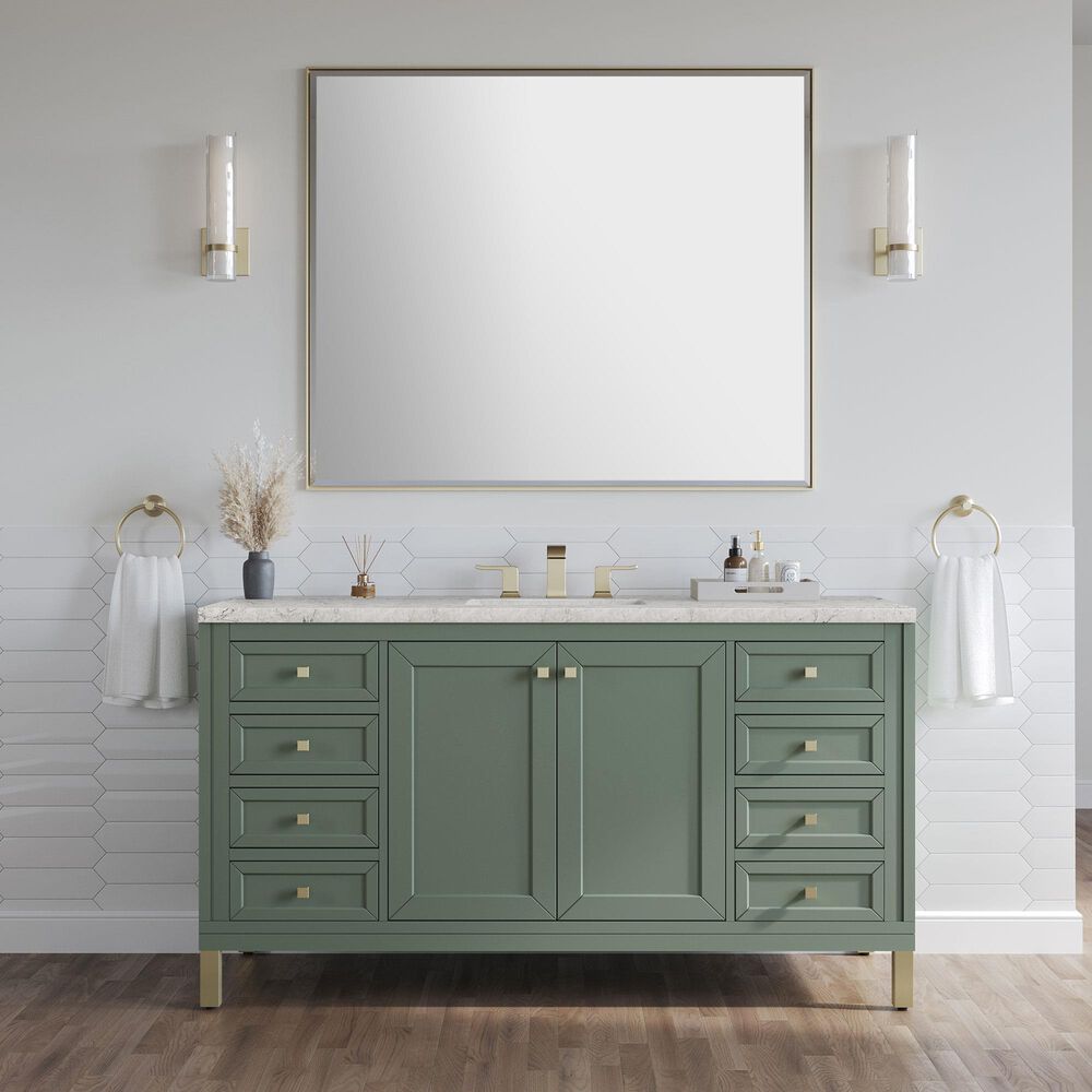 James Martin Vanities Chicago 60" Single Bathroom Vanity in Smokey Celadon with 3 cm Eternal Jasmine Pearl Quartz Top, Rectangular Sink and FreePower Wireless Charger, , large