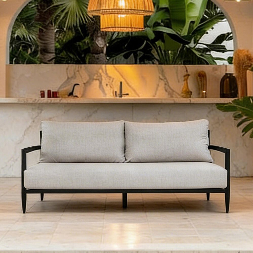 Hearth and Haven Modern Outdoor Bench Sofa with Cast Silver Cushion in Ember Black, , large