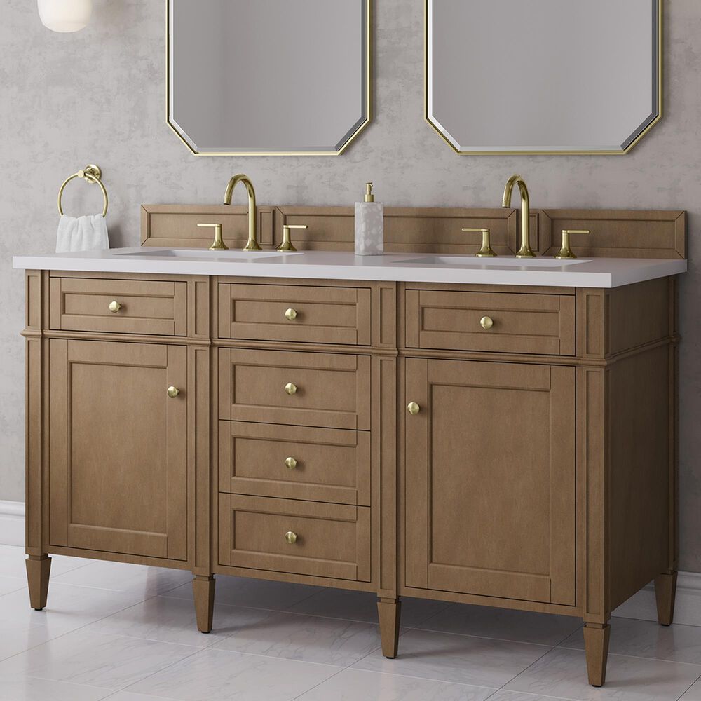 James Martin Brittany 60" Double Bathroom Vanity in Pecan with 3 cm White Zeus Silestone Top and Rectangular Sinks, , large