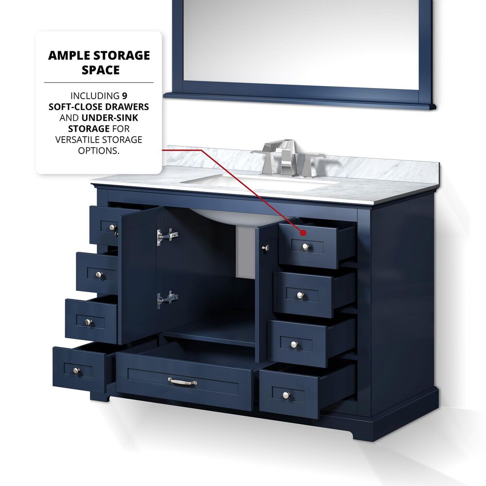 Lexora Home Dukes 48&quot; Single Bathroom Vanity in Navy Blue with 2 cm White Carrara Marble Top and Rectangular Sink, , large