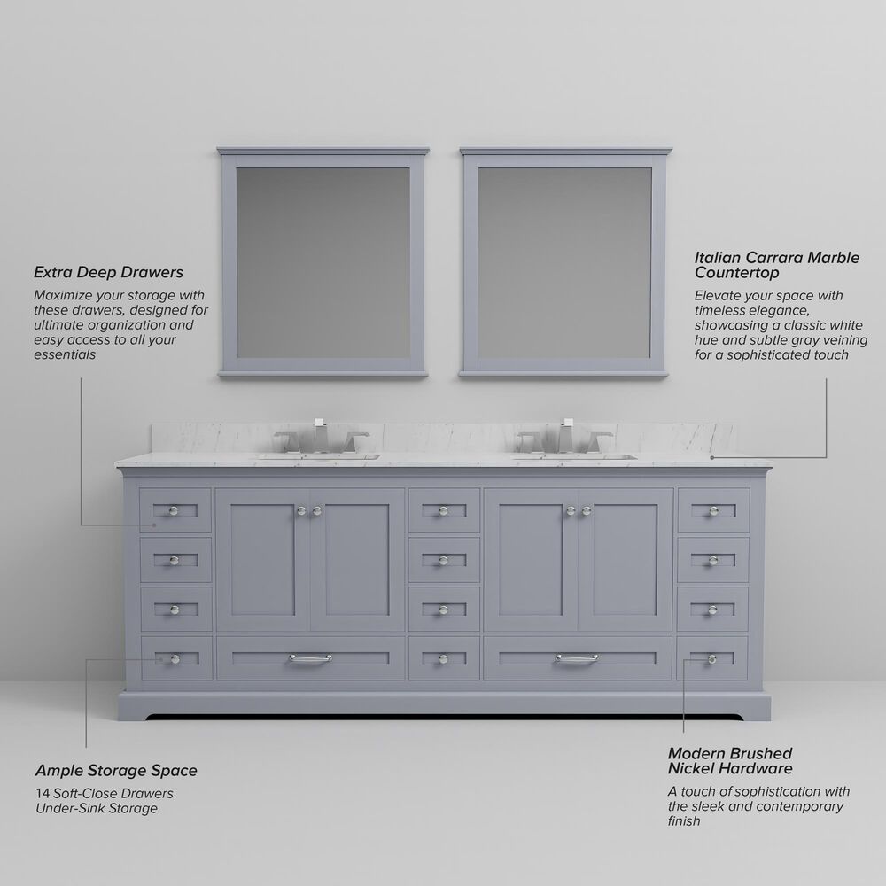 Lexora Home Dukes 84" Double Bathroom Vanity in Dark grey with 2 cm White Carrara Marble Top and Rectangular Sinks, , large