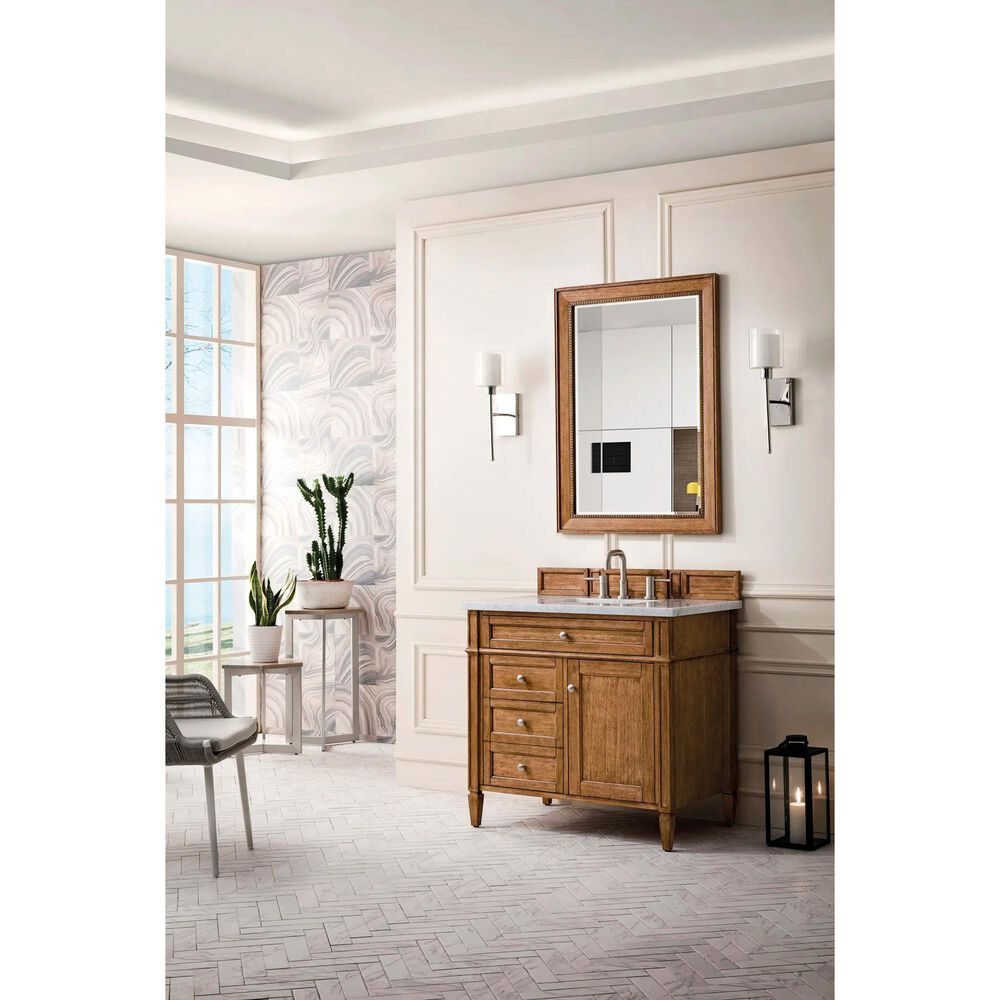 James Martin Vanities Brittany 36" Single Bathroom Vanity in Saddle Brown with 3 cm Carrara White Marble Top and Rectangle Sink, , large