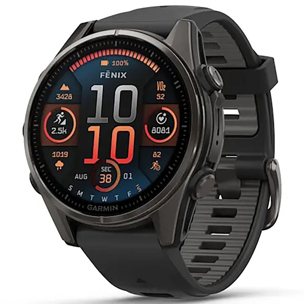 Garmin Fenix 8 Sapphire AMOLED Smartwatch 43mm Carbon Gray DLC Titanium Case with Black and Pebble Gray Silicone Band, , large
