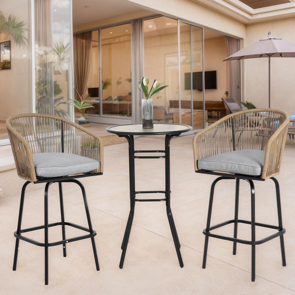 Hearth and Haven 3-Piece Outdoor Patio Bar Set with Gray Cushion in Black, , large