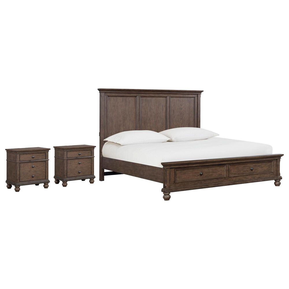 Riva Ridge Oxford King Panel Storage Bed with Two Nightstands in Cocoa with AC Outlets and USB Ports, , large