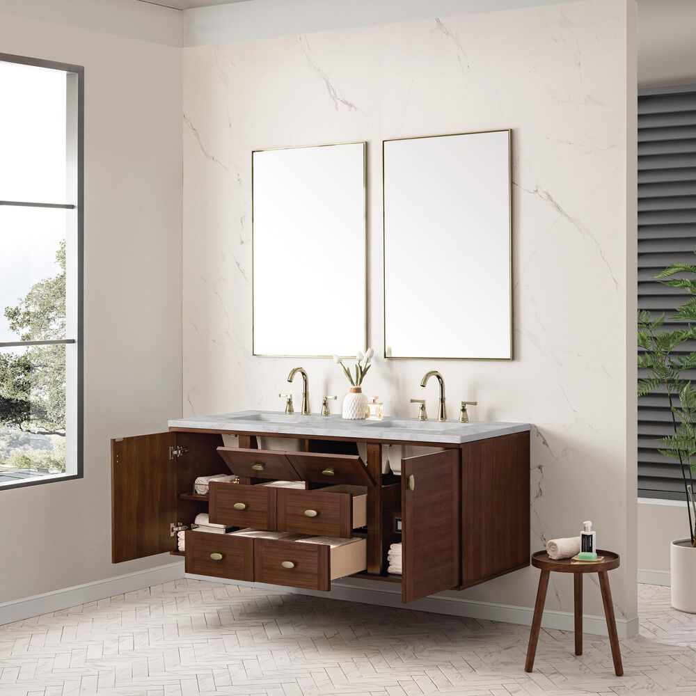 James Martin Vanities Amberly 60&quot; Double Bathroom Vanity in Mid-Century Walnut with 3 cm Victorian Silver Quartz Top and Rectangular Sinks, , large