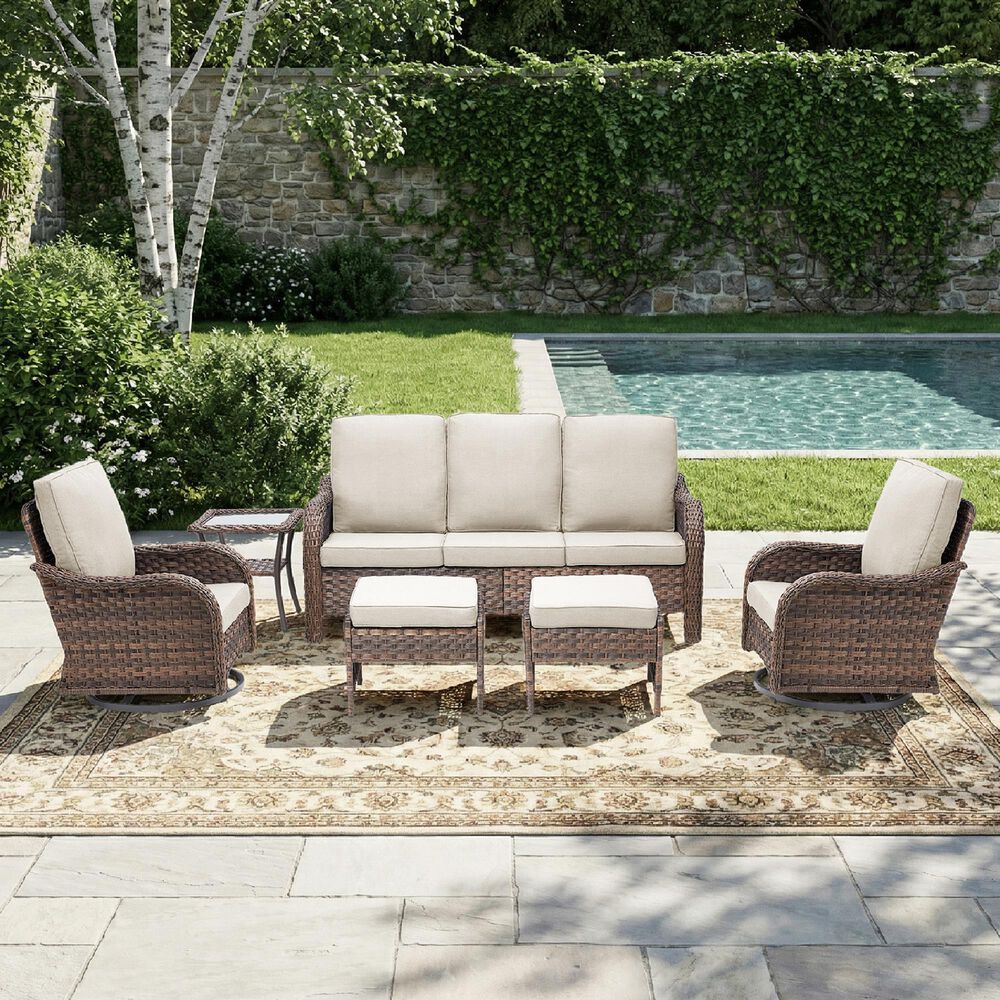 Sunwell Garden 14.4" Ottoman with Beige Cushion in Brown (Set of 2), , large