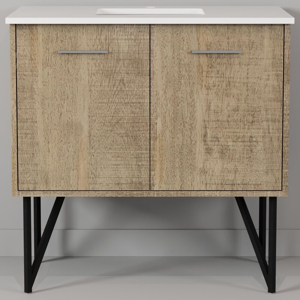 Lexora Home Lancy 36&quot; Single Bathroom Vanity in Rustic Acacia with 2 cm White Cultured Marble Top and Rectangular Sink, , large