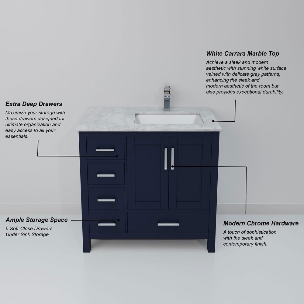Lexora Home Jacques 36&quot; Right Offset Single Bathroom Vanity in Navy Blue with 2 cm White Carrara Marble Top and Rectangular Sink, , large