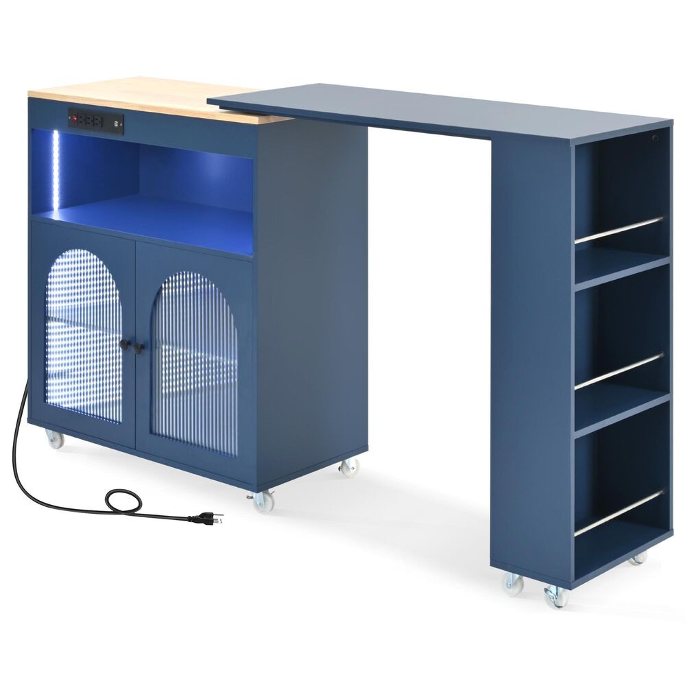 HOMLUX 56" Kitchen Island with Extended Table in Navy Blue, , large