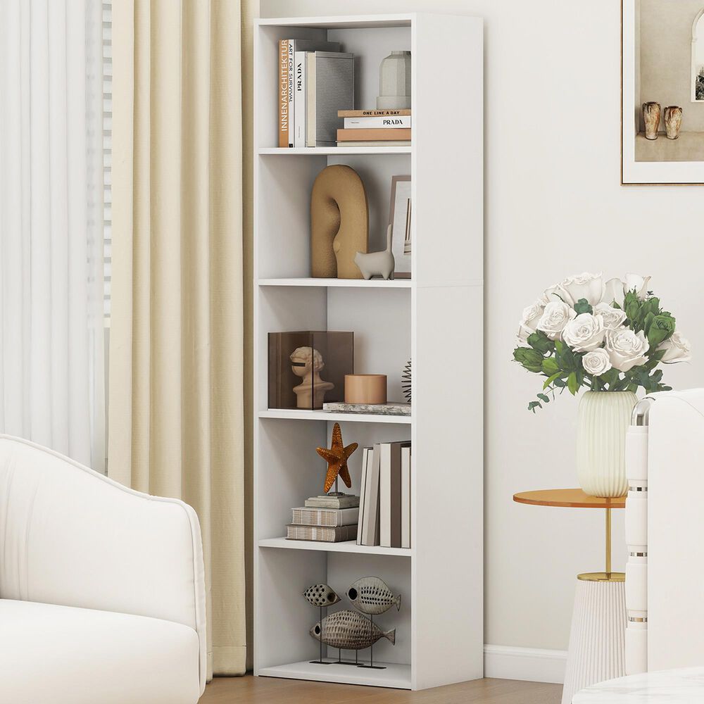HOMLUX 5-Tier Reversible Bookshelf with Decorative Open Shelves in White, , large