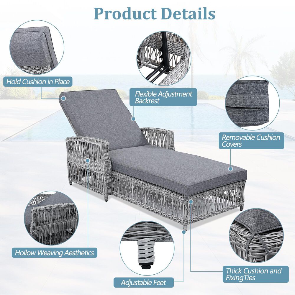 Hearth and Haven GO Outdoor Long Reclining Chaise Lounge with Armrests and Adjustable Backrest in Grey, , large