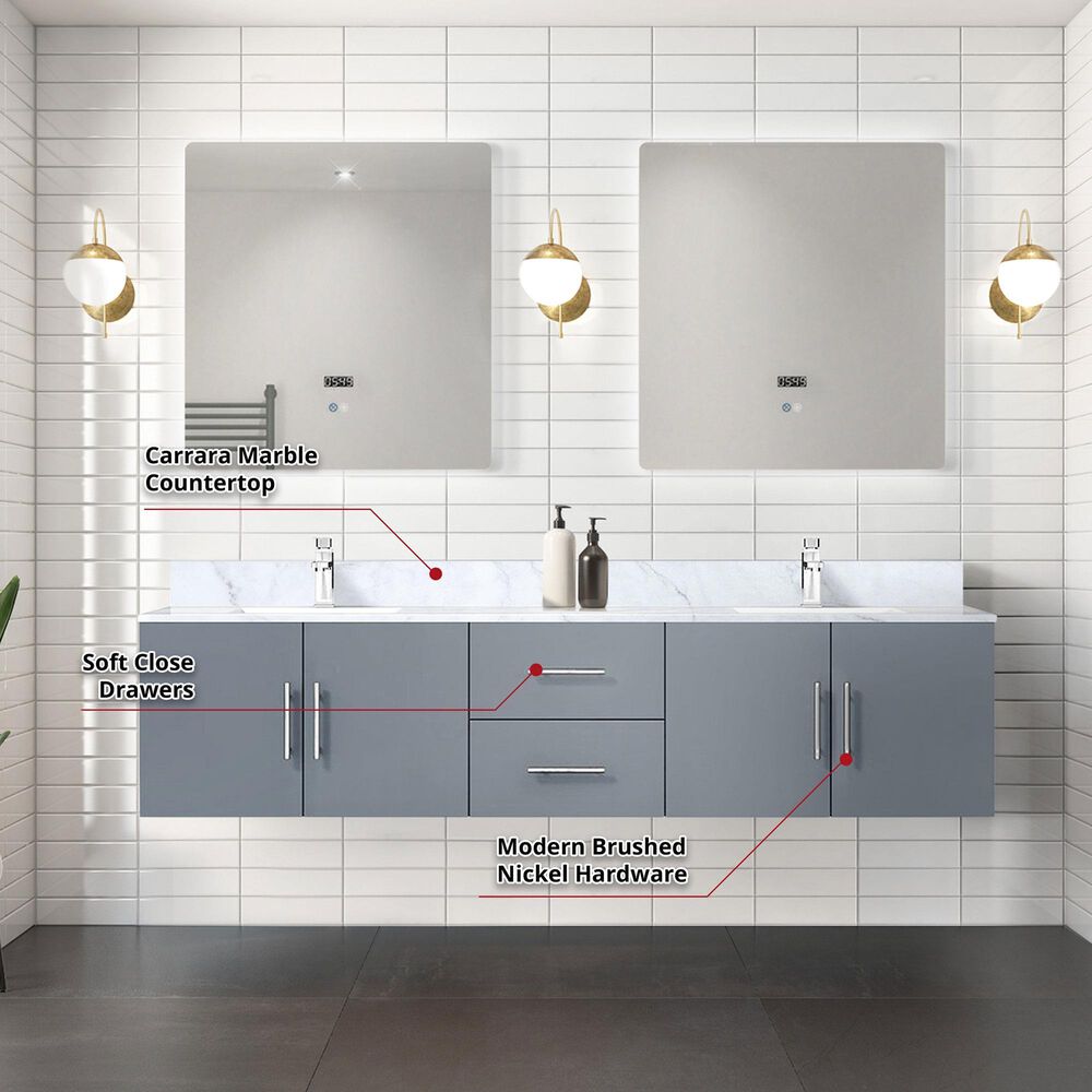 Lexora Home Geneva 80&quot; Double Bathroom Vanity in Dark Grey with 2 cm White Carrara Marble Top and Rectangular Sinks, , large