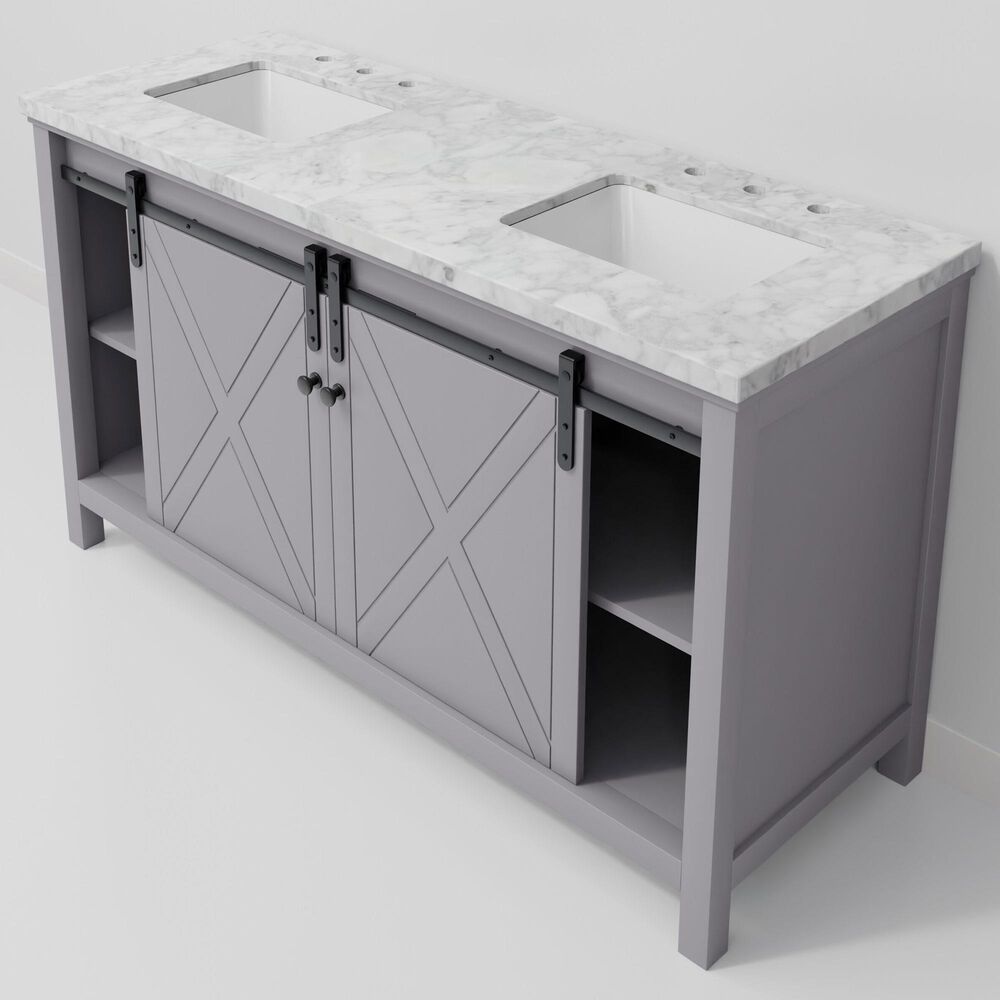 Lexora Home Marsyas 60" Double Bathroom Vanity in Dark Grey with White Carrara Marble Top and Rectangular Sinks, , large