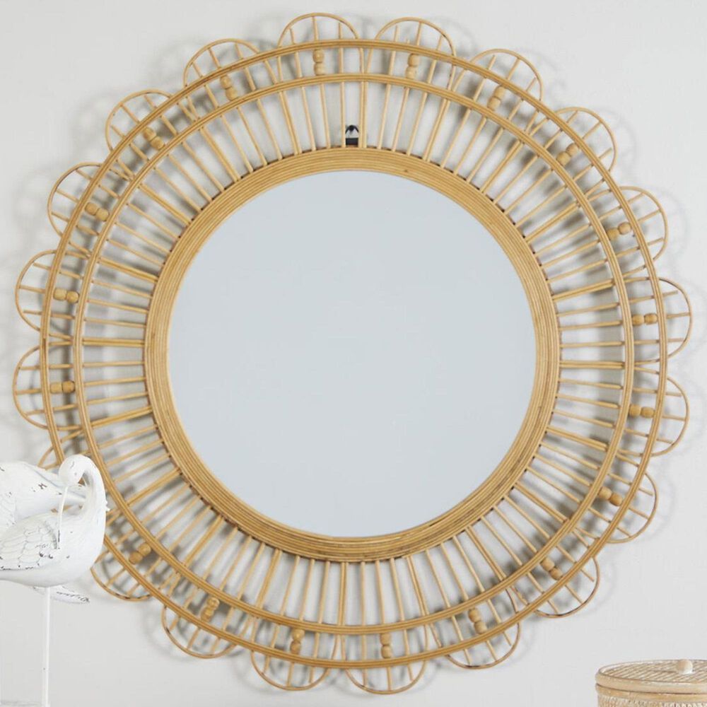 Maple and Jade 35&quot; Handmade Woven Floral Wall Mirror with Beaded Accents in Brown, , large