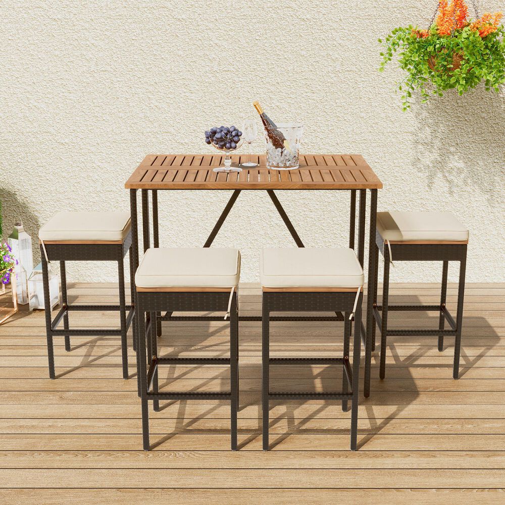 Hearth and Haven 5-Piece Outdoor Patio Wicker Bar Set with Off-White Cushion in Black and Brown, , large