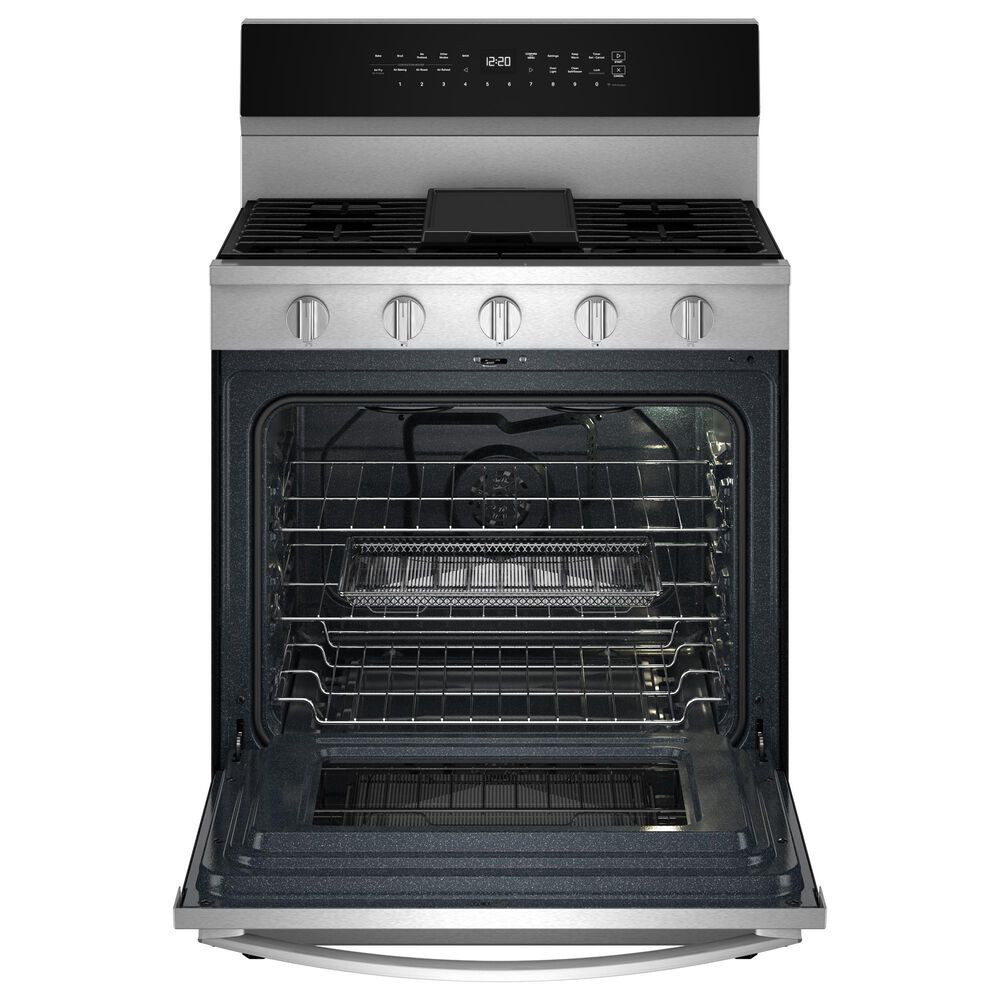 Whirlpool 2pc Kitchen Package with 30-inch Smart Gas Range with Air Cooking Technology, No Preheat Air Fry, Steam/Self Clean and High Speed Preheat and 1.1 Cu. Ft. Flush Mount Microwave with Turntable-Free Design in Stainless Steel, , large