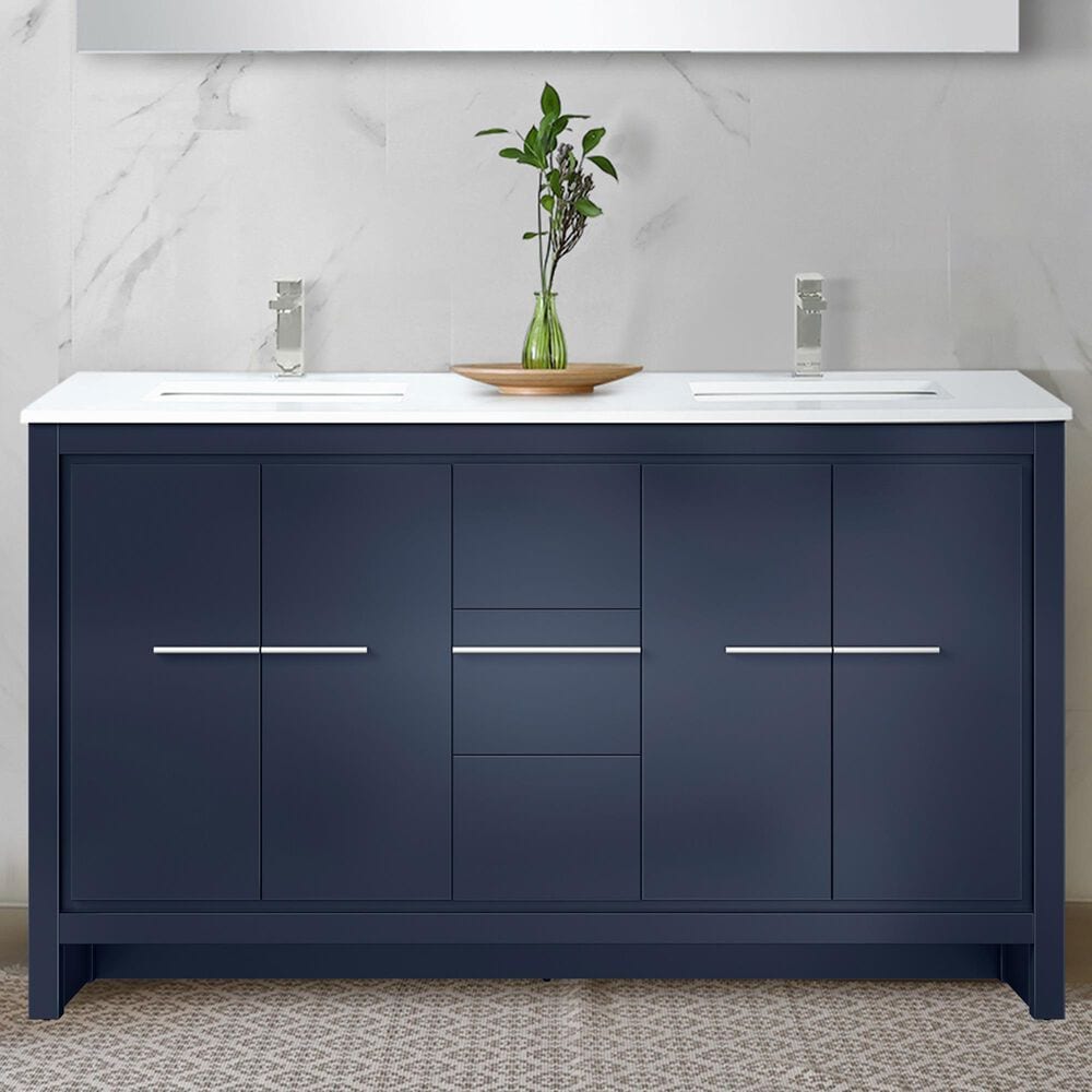 Lexora Home Lafarre 60&quot; Double Bathroom Vanity in Navy Blue with 2 cm White Quartz Top and Rectangular Sinks, , large