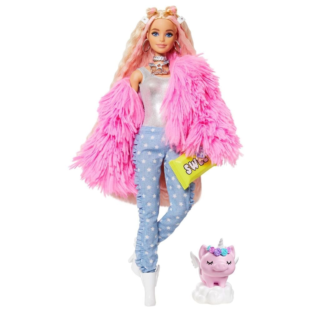 Barbie Extra Doll in Pink Coat with Pet Unicorn-Pig, , large