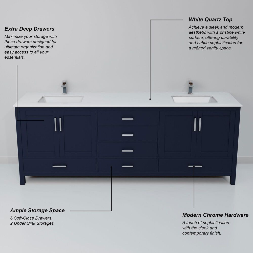 Lexora Home Jacques 80&quot; Double Bathroom Vanity in Navy Blue with 2 cm White Quartz Top and Rectangular Sinks, , large