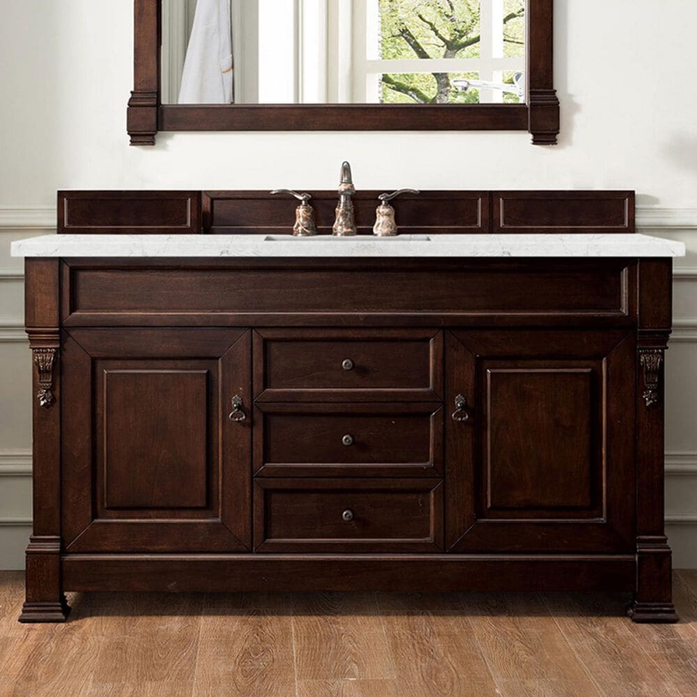 James Martin Vanities Brookfield 60&quot; Single Bathroom Vanity in Burnished Mahogany with 3 cm Eternal Jasmine Pearl Quartz Top and Rectangle Sink, , large