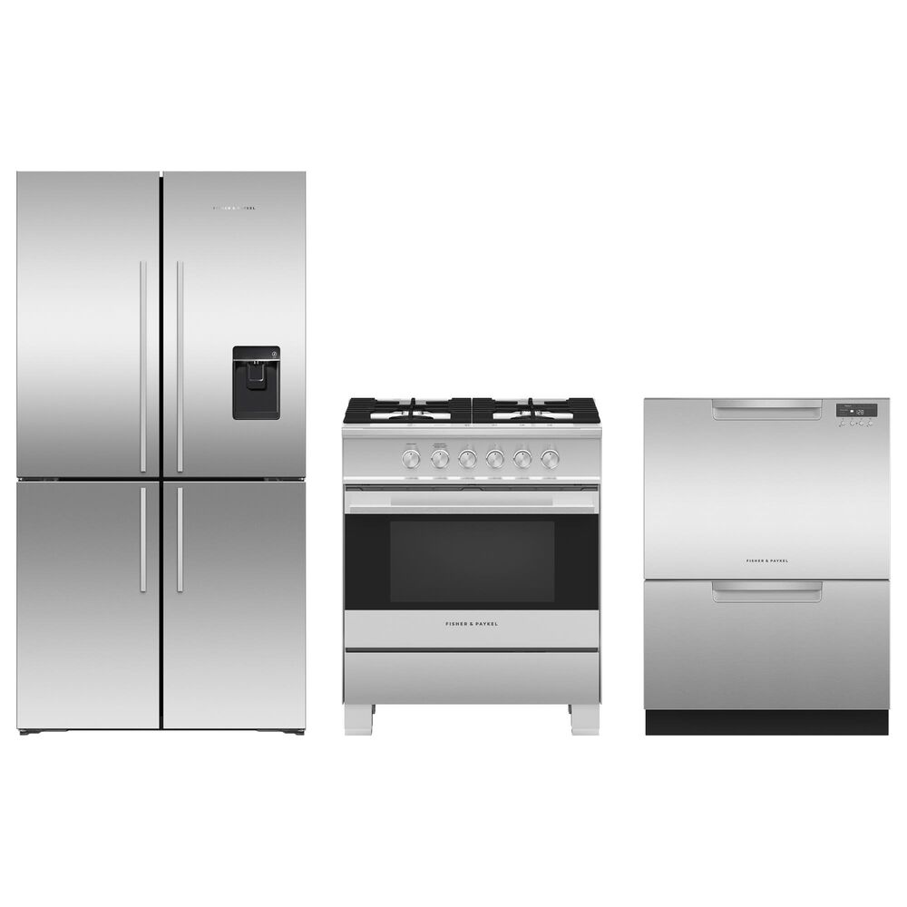 Fisher & Paykel 3-Piece Kitchen Package with 18.9 Cu. Ft. Freestanding French Door Refrigerator and Gas Range in Stainless Steel, , large