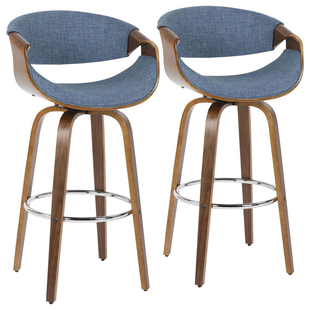 LumiSource Curvini 30" Swivel Barstool with Blue Upholstery in Walnut and Chrome (Set of 2), , large