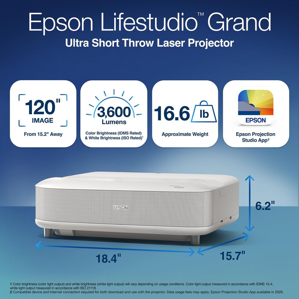 Epson Epson Lifestudio Grand 4K PRO-UHD Ultra Short Throw Laser Projector  White, , large