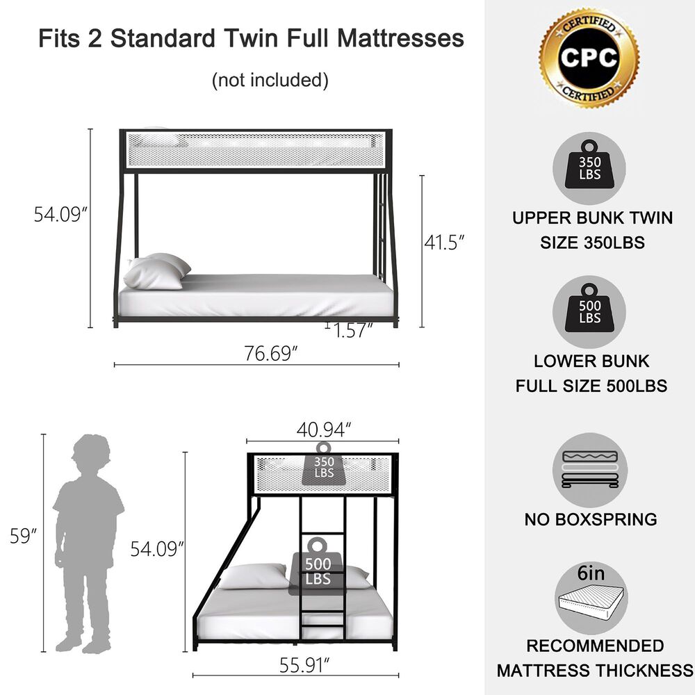 Hearth and Haven Adam Twin over Full Bunk Bed with White Mesh Guard Rail in Black, , large