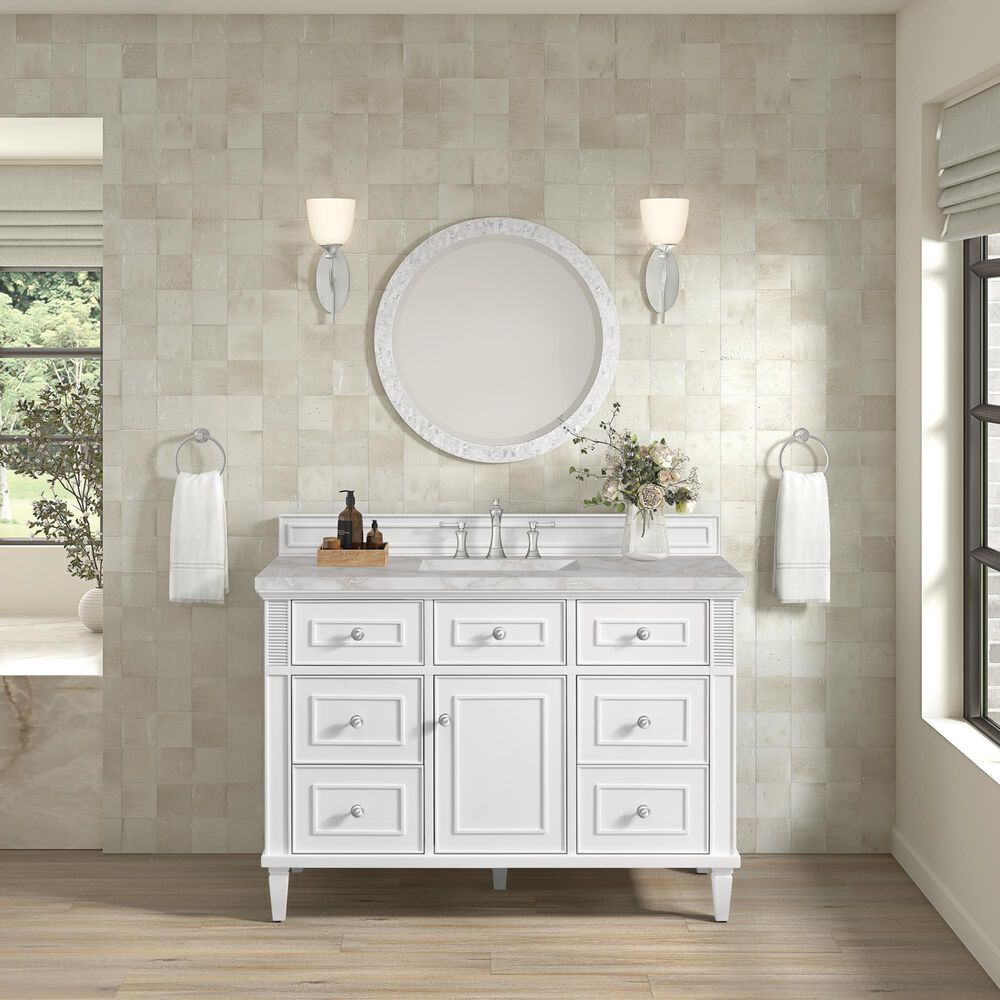 James Martin Vanities Lorelai 48" Single Bathroom Vanity in Bright White with 3 cm Eternal Jasmine Pearl Silestone Top, Rectangular Sink and FreePower Wireless Charger, , large