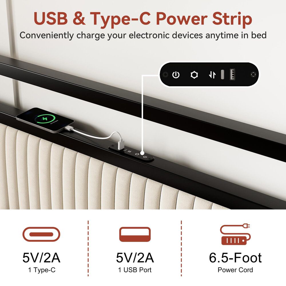 HOMLUX 2-Drawer Full Storage Bed with LED Headboard and USB Ports in Beige, , large