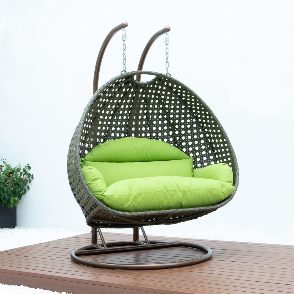 Leisuremod 57&quot; Patio 2-Seat Hanging Egg Swing Chair with Light Green Cushion in Beige, , large