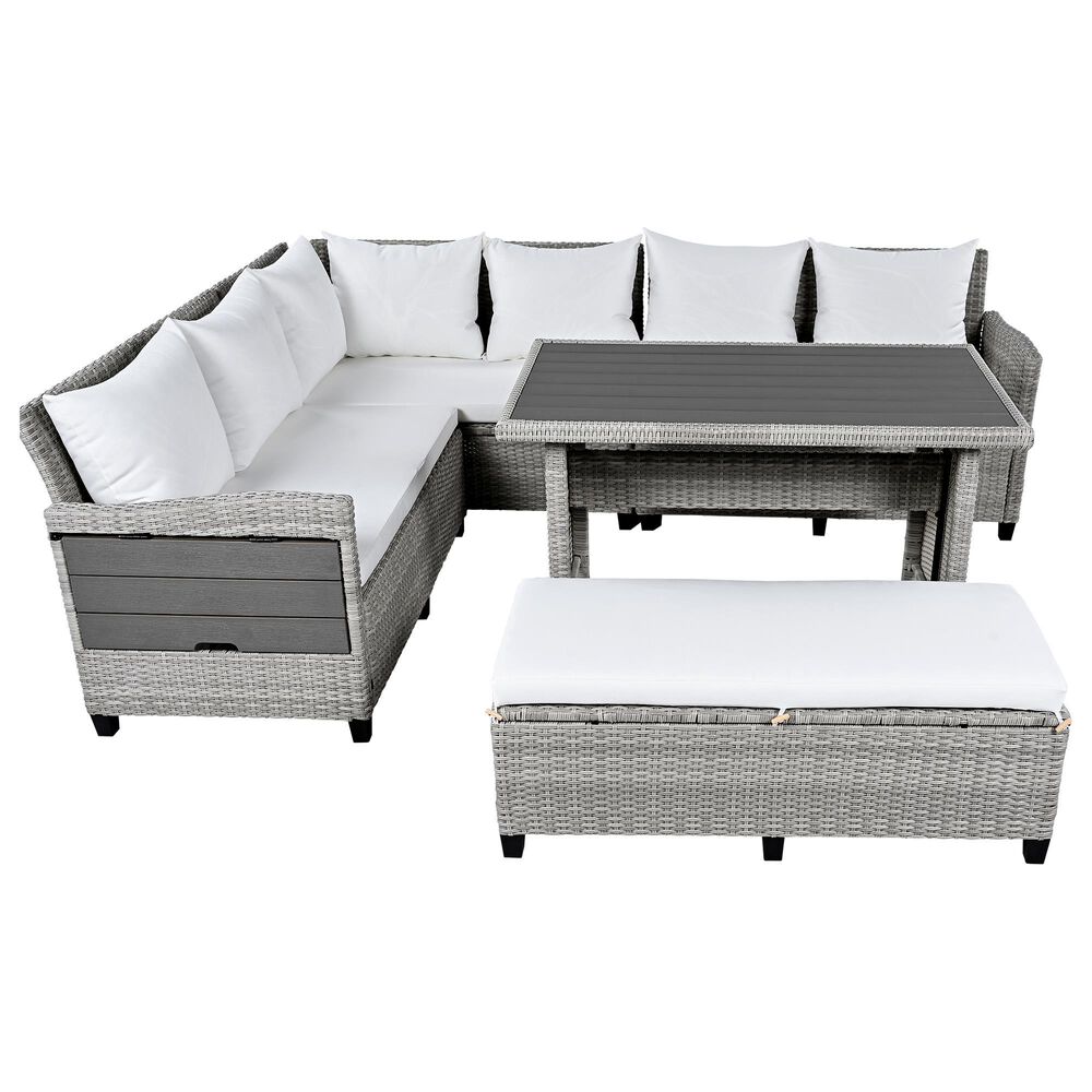 HOMLUX 5-Piece Outdoor Conversation Set with 2 Extendable Side Tables and Gray Rattan in White, , large
