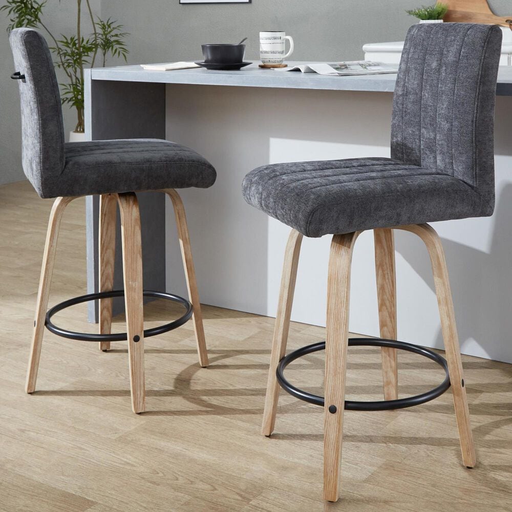 LumiSource Hank Swivel Counter Stool with Black Fabric Upholstery in Whitewashed and Black (Set of 2), , large